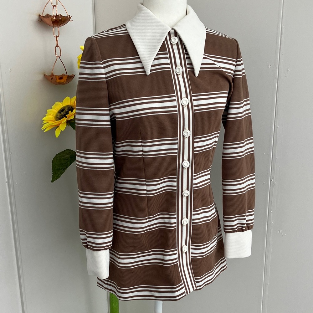 Vintage 60s 70s Brown & White Striped Dagger Collar Long Sleeve Button Up Shirt